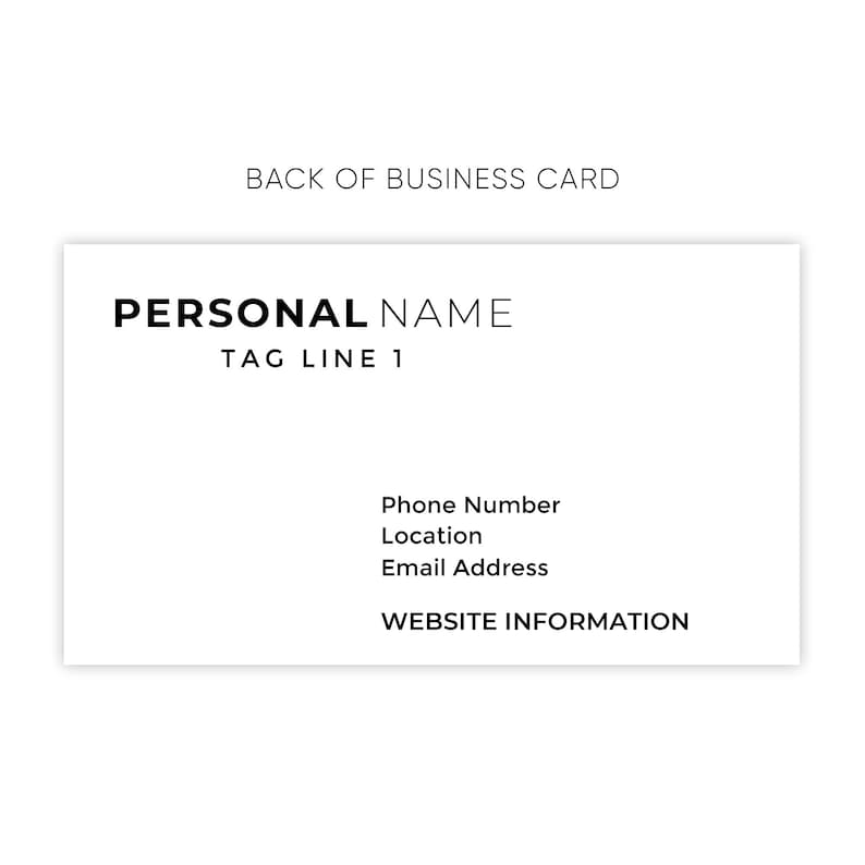display of the back of the card with personal name, tagline, phone number, location, email address, and website information