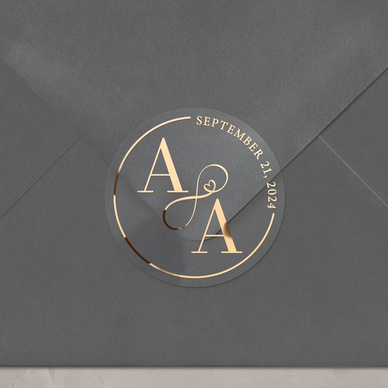 Adesivi trasparenti per matrimoni con lamina d'oro, sigilli personalizzati per buste con monogramma e simbolo dell'infinito per bomboniere, etichette adesive per bicchieri immagine 7