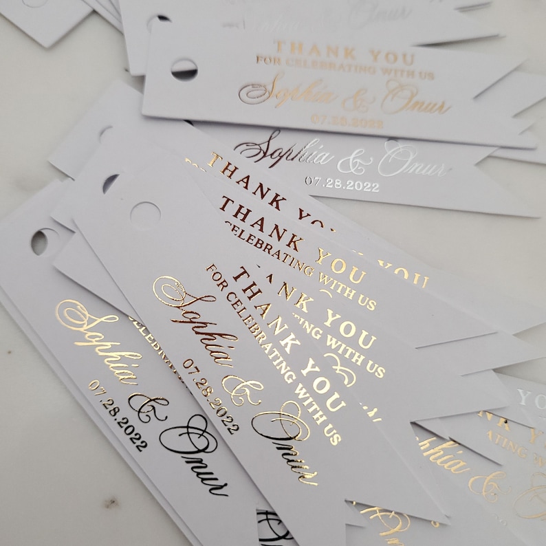 Custom Wedding Favor Gold Foiled Thank you for celebrating with us Tags, Personalized Gift Bags Hang Tags, Wedding Thank you Tags, Gift Tag image 1