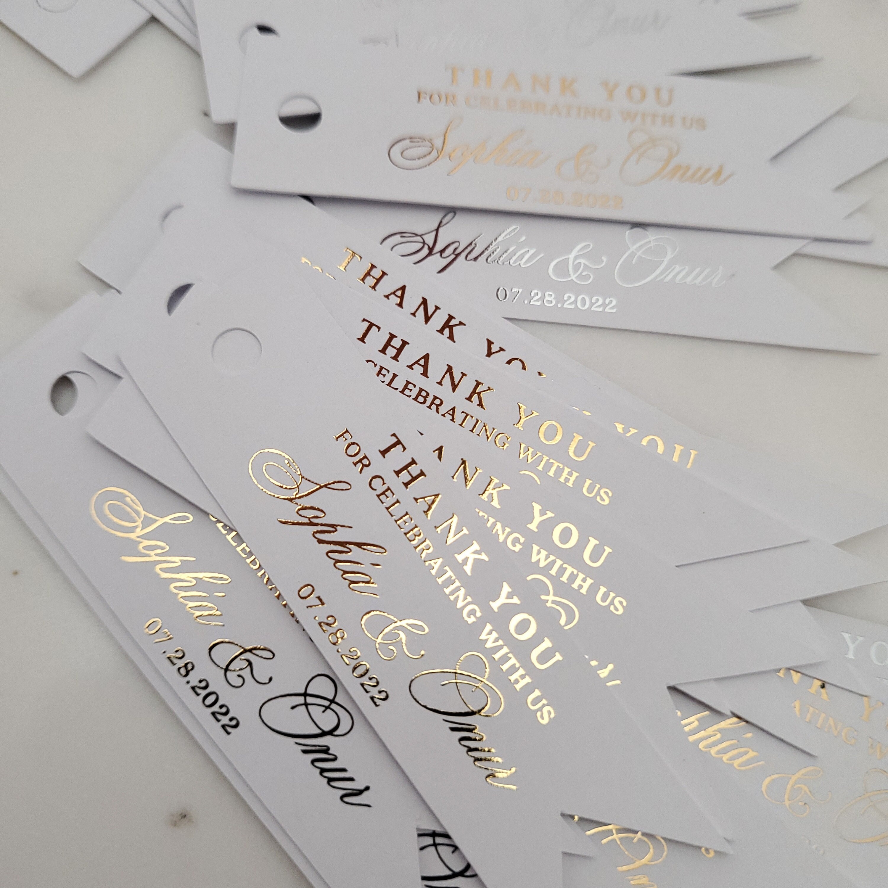 Custom Wedding Favor Gold Foiled Thank you for celebrating with us Tags, Personalized Gift Bags Hang Tags, Wedding Thank you Tags, Gift Tag