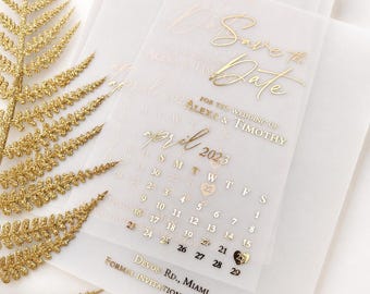 Vellum Save the Date Cards with Gold Foil, Calendar Wedding Save the Date, Luxury Transparent Wedding Announcement with Envelope