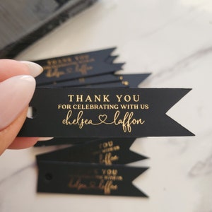 XOXOKristen Custom Small Black Gold Foiled Thank you Tags for Wedding Favors & Gift Bags, Rose Gold, Silver or Gold Foils, Personalized Black Favor Tags for welcome bags, wedding gifts, quinceanera, baptism, bridal shower, bottles, jars, bags, candy