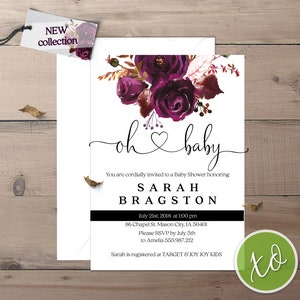 Plum Floral Baby Shower Invitations Oh Baby Shower Invitations Watercolor Baby Shower Invitation Boho Purple Floral Baby Shower Invitations image 1