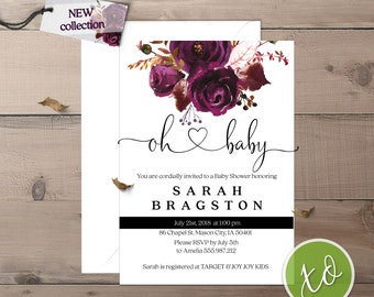 Plum Floral Baby Shower Invitations Oh Baby Shower Invitations Watercolor Baby Shower Invitation Boho Purple Floral Baby Shower Invitations