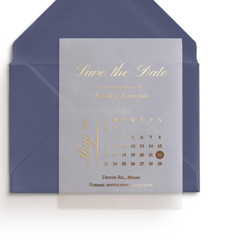 Save the Date with Vellum Calendar, Gold Foil Wedding Save the Date, Frosted Transparent Invitation, Modern Minimalist Wedding Card image 11