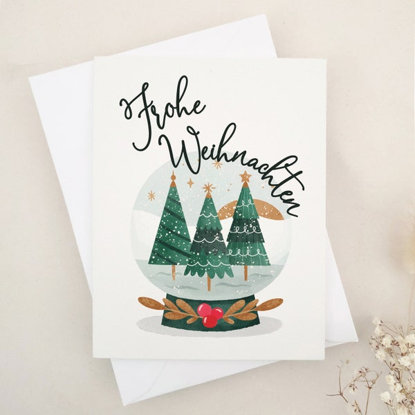 Frohe Weihnachten Card, Christmas Card in German, Weihnachten Karte, Fröhliche Weihnachten Karte, Snow Globe, Christmas Trees Gift Card