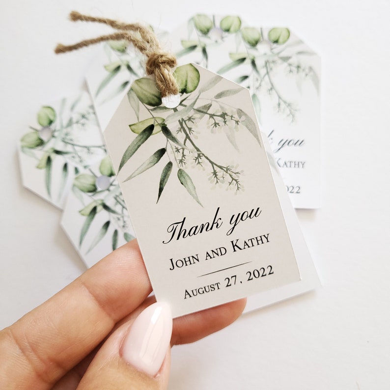 XOXOKristen Custom Personalized Small Greenery Personalized Thank you Wedding Tags with Eucalyptus, Favors for-Birthday, Baptism, Bridal Shower, Baby Shower - Rustic Tags for welcome bags, gift bags, boxes, jars, bottles, candy