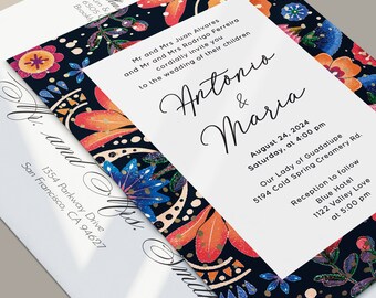 Golden Polkadot Spanish Wedding Invitations Blue & Orange Floral