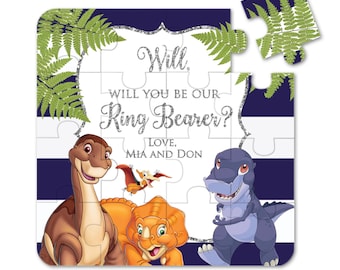 Ring Bearer Dinosaur Puzzle for a Wedding Proposal Gift, Will you be our Page boy Jigsaw Puzzle in small Gift Box with Name tag