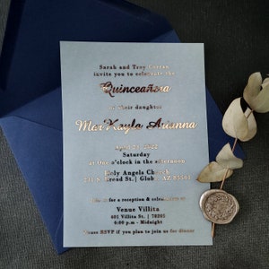 Quinceanera Invitations with Foiled Print, Vellum Quinceanera Invites, Customizable Gold Foiled Invitations, Mis Quince Invites