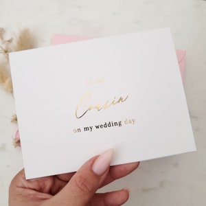 Tarjeta para mi prima en el día de mi boda, tarjeta para el día de la boda, tarjeta de la novia, en el día de mi boda, tarjeta de agradecimiento por la boda, tarjetas de boda doradas