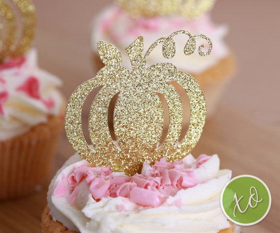 Gold Glitter Pumpkin Cupcake Toppers: First Birthday Decor