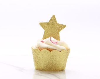 Star Cupcake Toppers. Glitter Star Birthday Decorations. Star Donut Picks 12CT