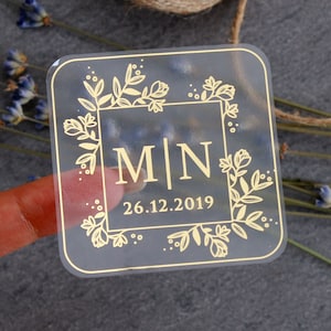Adesivos de casamento com folha de ouro, etiquetas transparentes para lembrancinhas de casamento com monogramas, etiquetas para presentes de casamento, adesivos para presentes de casamento, etiquetas de ouro rosa