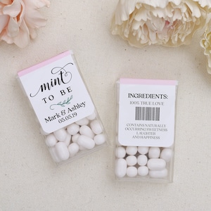 Mint als huwelijksgunststickers Tic Tac-huwelijksetiketten Gepersonaliseerde gunsten Bruidsfeestdecor Aangepaste roze en mint huwelijksgunsten