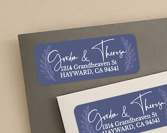 Étiquette d'adresse de retour de mariage en bleu royal, autocollants calligraphiques avec ornements de branches pour réserver une date, faire-part de mariage, famille, couple