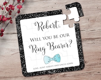 Black border Ring Bearer Proposal Puzzle with blue Bow Tie, Will you be our Page Boy Jigsaw Puzzle with Gift Box and Name tag