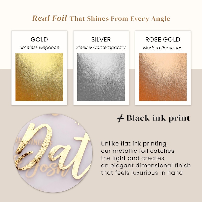 May include: A graphic display showing three metallic foil color options: gold, silver, and rose gold. Below, a circular cutout shows gold foil lettering on a clear surface. Text includes: Real Foil That Shines From Every Angle, Black ink print.