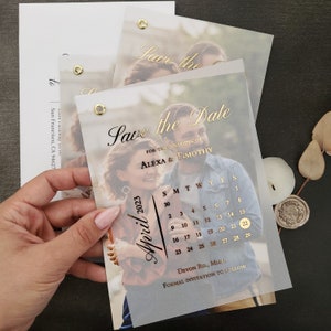 Gold Foil Vellum Save the Date Calendar Photo Card with Custom Picture Save our Dates Calendar Wedding Invites