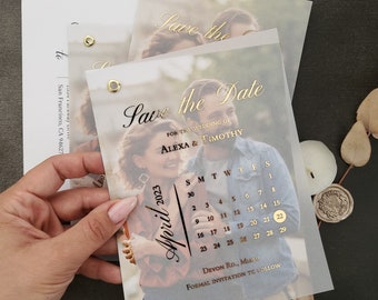 Gold Foil Vellum Save the Date Calendar Photo Card with Custom Picture Save our Dates Calendar Wedding Invites