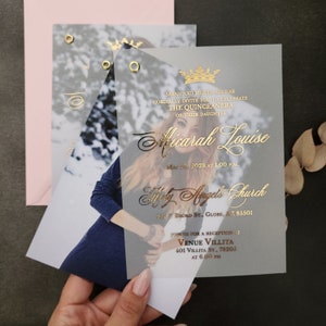 Vellum Quinceanera Invitations Sweet 15 Birthday with Photo and Crown Mis Quince Anos Invites with Picture Custom Gold Foil Birthday Invites