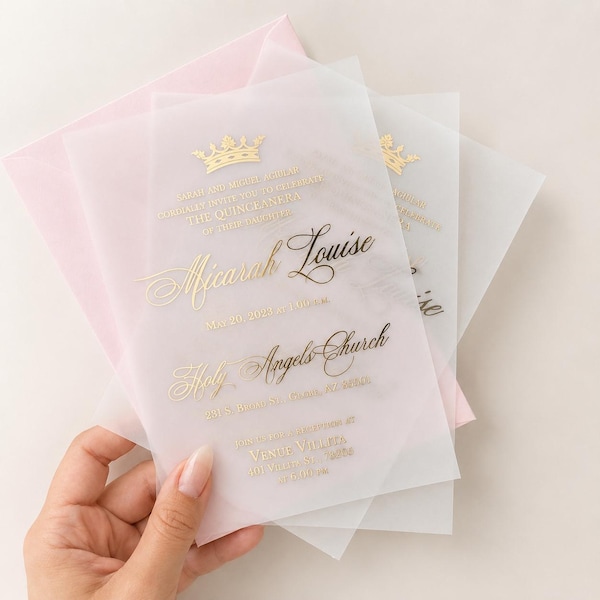 Quinceanera Invitation with Crown, Gold Foil Vellum XV Invitations, Princess Sweet 15 Invite, Personalized Quince Invite, Rose Gold, Silver