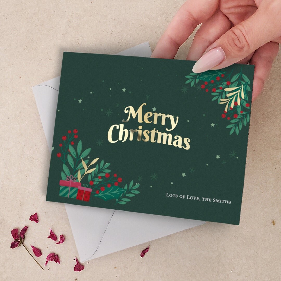 Set of 8 Gold Foil Christmas Cards Personalized Family Name Xmas