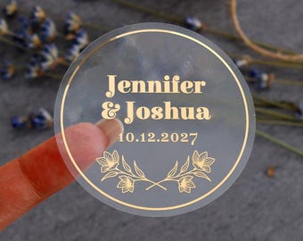 Pegatinas personalizadas para recuerdos de boda, pegatinas transparentes, etiquetas personalizadas, sellos de sobres con lámina dorada para invitaciones, vasos y recuerdos de fiesta.