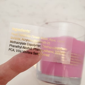 2x1 Clear Transparent Ingredient List Gold Foil Sticker for Candles Waterproof Personalized Rectangle Instructions Label Small Businesses
