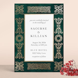 Kundenspezifische Smaragdhochzeitseinladungen mit abstraktem echtem Goldfoliendruck und Rahmen, 5x7 oder 4x6 Greenery-Hochzeit lädt mit Antwortwünschen und Umschlägen ein