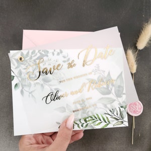 Tarjetas de invitación con sobre de vitela, tarjetas de invitación con sobre de papel metalizado, invitaciones de vitela, invitaciones de boda con vegetación, papelería de boda en oro, plata y oro rosa