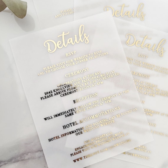 Gold Foil Vellum Wedding Enclosure Card RSVP, Program, Details