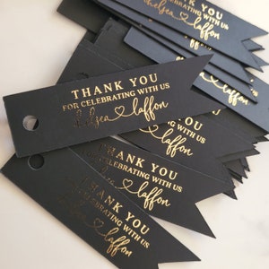 XOXOKristen Custom Small Black Gold Foiled Thank you Tags for Wedding Favors & Gift Bags, Rose Gold, Silver or Gold Foils, Personalized Black Favor Tags for welcome bags, wedding gifts, quinceanera, baptism, bridal shower, bottles, jars, bags, candy