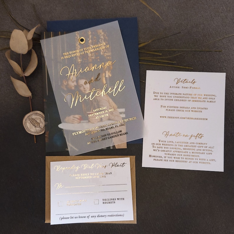 XOXOKristen Custom Personalized Photo Vellum Wedding Invitations with RSVP and Envelopes and Details cards, Gold Foiled Custom Wedding Invitation, Rose Gold Wedding Invitation Suite with Picture and Vellum Overlay