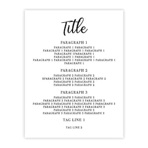 Op de afbeelding: Een zwart-wit afbeelding met de titel "Titel" bovenaan. De tekst "Paragraaf 1", "Paragraaf 2" en "Paragraaf 3" wordt meerdere keren herhaald in een cascadepatroon. De tekst "Tag Line 1" en "Tag Line 2" staat onderaan de afbeelding.
