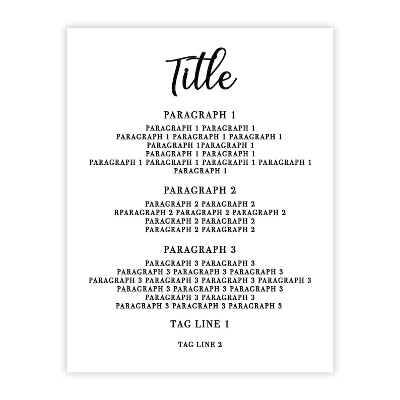 Op de afbeelding: Een zwart-wit afbeelding met de titel "Titel" bovenaan. De tekst "Paragraaf 1", "Paragraaf 2" en "Paragraaf 3" wordt meerdere keren herhaald in een cascadepatroon. De tekst "Tag Line 1" en "Tag Line 2" staat onderaan de afbeelding.