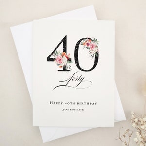 Cartão de feliz aniversário de 40 anos, cartão personalizado de aniversário de 40 anos com flores, cartão de aniversário com números florais de idade personalizados, presente de aniversário elegante