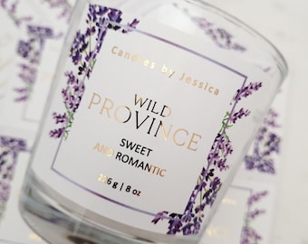 Custom Lavender Candle Label Stickers: Gold Foil Packaging