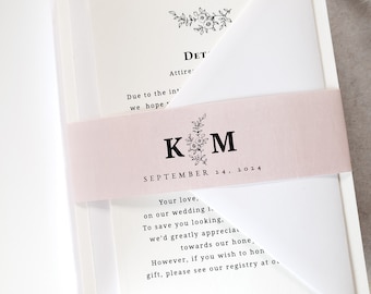 Elegantes Monogramm-Hochzeitseinladungs-Set mit RSVP-Karten, Details, QR-Code-Karte und Umschlägen, Einladungs-Set Pergamentjacke & Bauchbänder