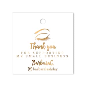 Square Personalized Thank you for Supporting my Small Business Tag with Social Media Contact, Gold Foiled Custom Tags, Business Tags