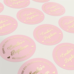 Pink Baptism Stickers for Girl, Stickers for Baptism favors, Gold Foiled Baptism Favor Stickers, Baby Dedication, First Communion Labels