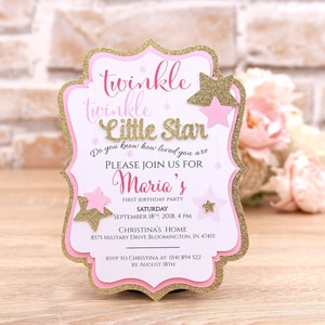 Twinkle Twinkle Little Star Erster Geburtstag Einladungskarte, Rosa und Gold Baby Mädchen erste Geburtstagspartyeinladungen, 1. Geburtstag einladen