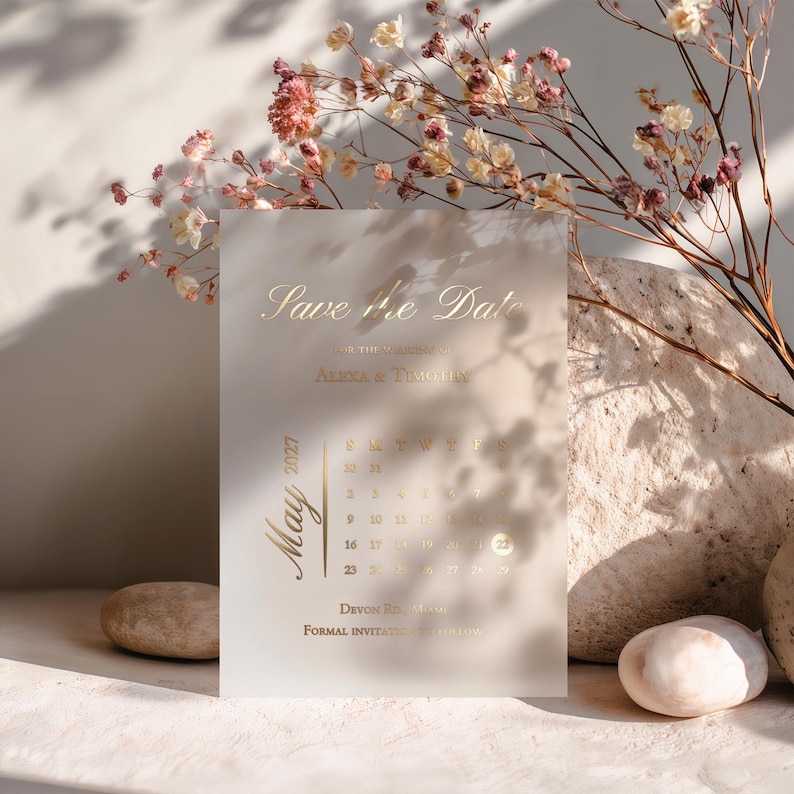 Save the Date with Vellum Calendar, Gold Foil Wedding Save the Date, Frosted Transparent Invitation, Modern Minimalist Wedding Card image 3
