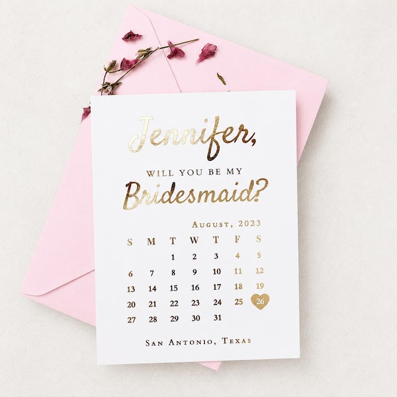 Bridesmaid Proposal Card Personalized with Wedding Date Will You Be My Bridesmaid Calendar Card Maid of Honor Proposal Gold Rose Gold Silver