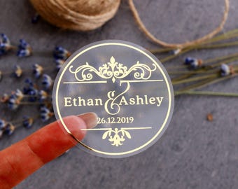 Personalized Wedding Favor Stickers Clear or White Gold Foil Names & Date Labels for Envelope Seals