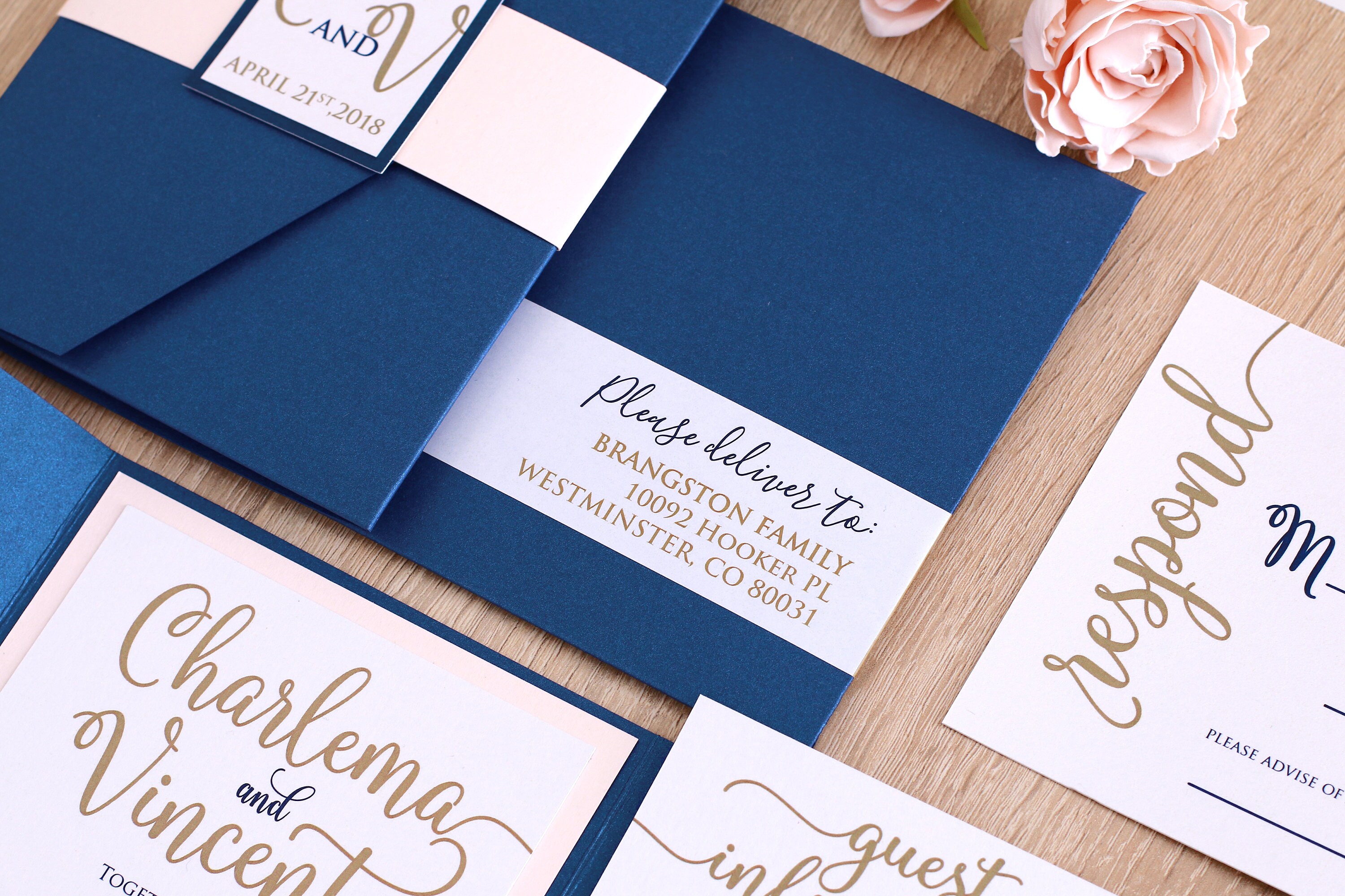 Blush and Navy Wedding Invitation Suite, Navy and Gold Wedding Invitations, Wedding Pocket Invitations