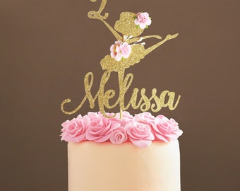 Topper de pastel de bailarina, centros de mesa de bailarina, decoraciones de cumpleaños de fiesta de bailarina - Topper de pastel recortado de bailarina con brillo dorado personalizado