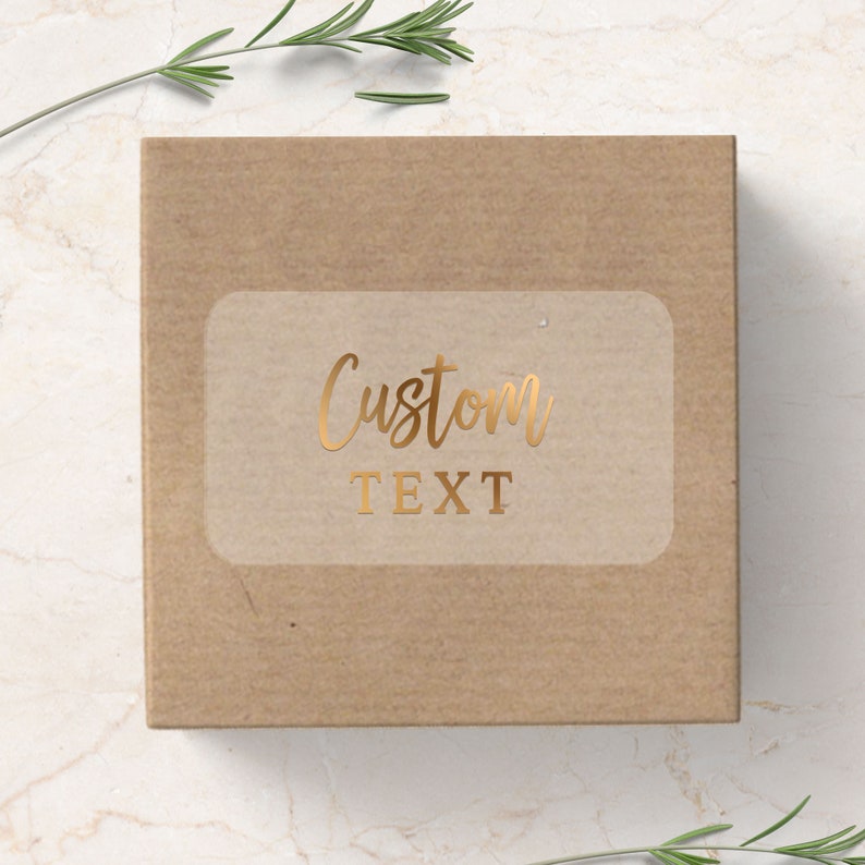transparent rectangle labeling sticker with custom text in gold foiled print