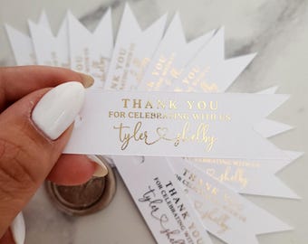 Custom Foil Wedding Favor Tags, Personalized Thank You Flag Gift Tags for Candles, Bottles & Wedding Favors