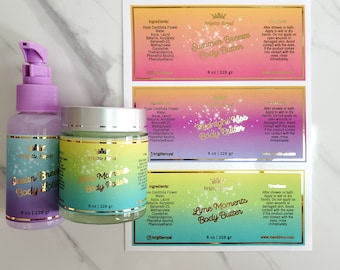 May include: Four labels for body care products with a pink, yellow, green, and blue gradient background. The labels feature gold text and a crown logo. The text on the labels reads "Summer Breeze Body Butter", "Midnight Kiss Body Butter", "Lime Moments Body Butter", and "Ocean Breeze Body Lotion". Each label includes the product name, size, and ingredients. The labels are arranged in a row, with the "Summer Breeze Body Butter" label at the top and the "Ocean Breeze Body Lotion" label at the bottom.